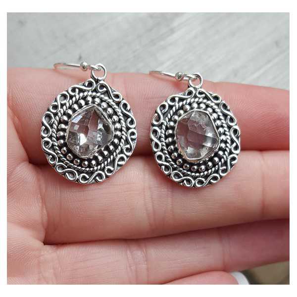 Silver earrings with Herkimer Diamonds in a carved setting