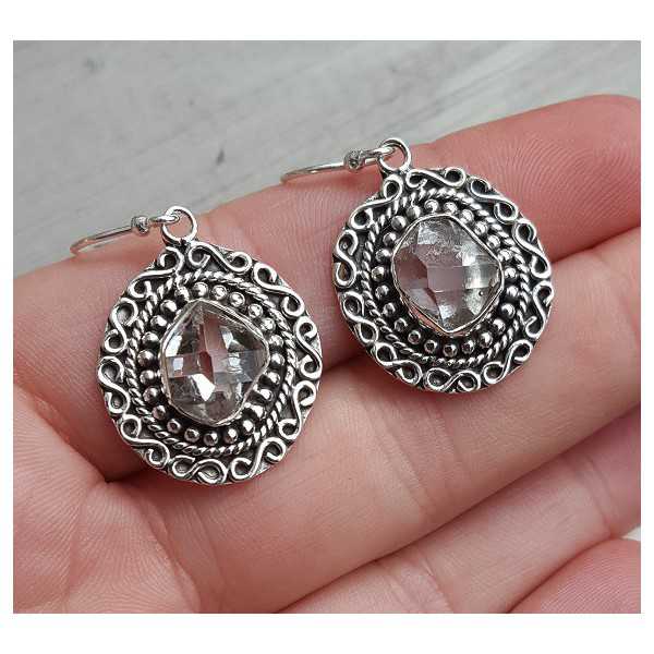 Silver earrings with Herkimer Diamonds in a carved setting