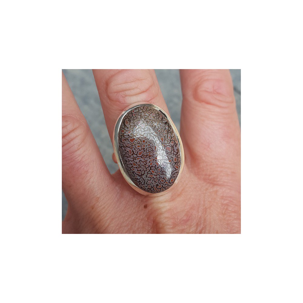 Silver ring set with large oval shaped Dinosaur bone 18 mm