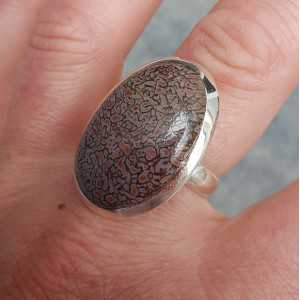 Silver ring set with large oval shaped Dinosaur bone 18 mm