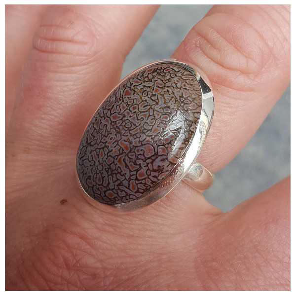 Silver ring set with large oval shaped Dinosaur bone 18 mm