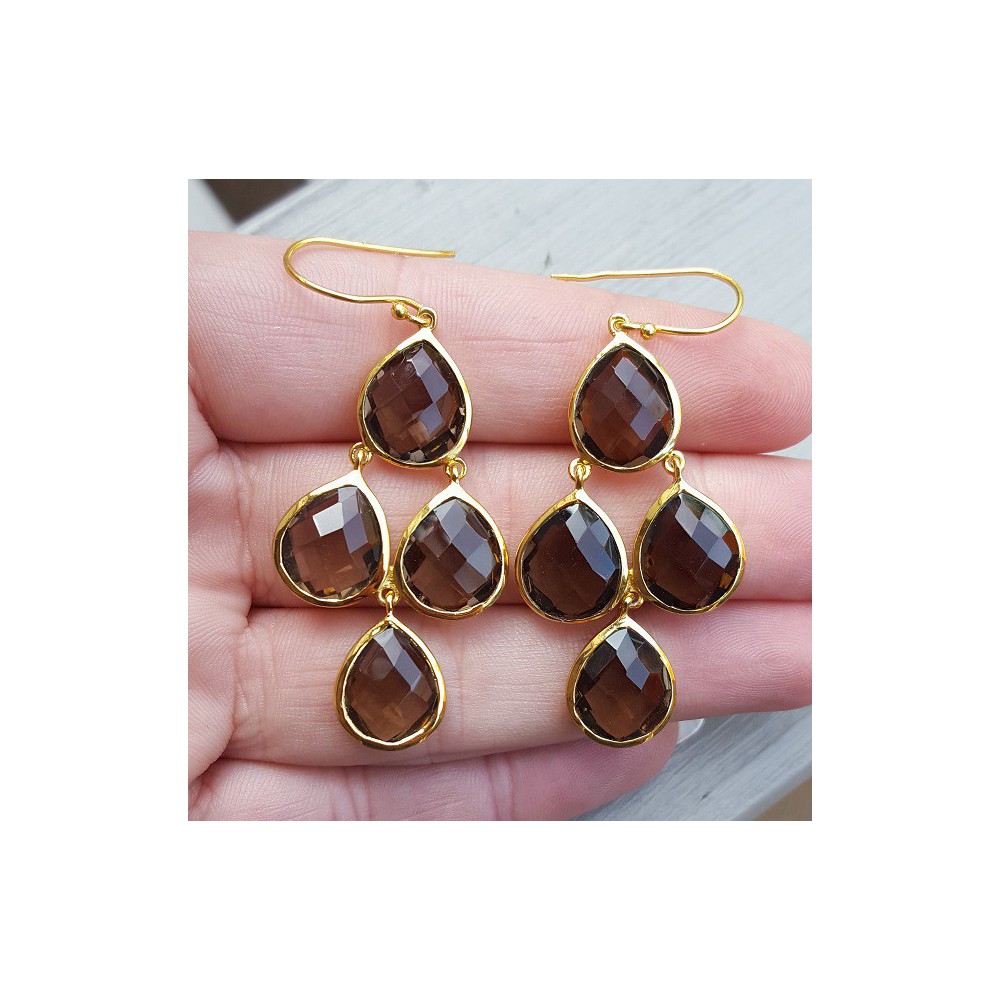 Gold plated earrings with four Smokey Topazes