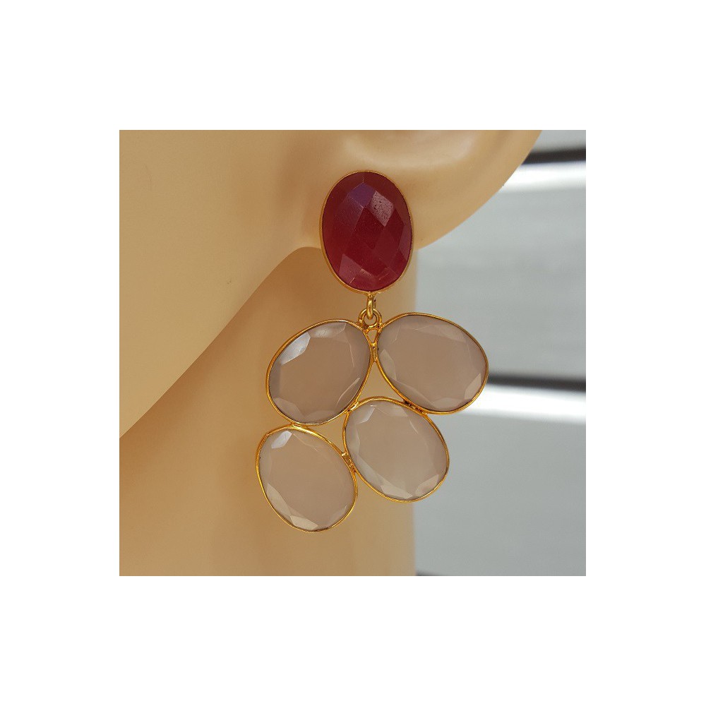 Gold plated earrings with Ruby and grey Chalcedony