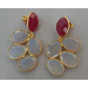 Gold plated earrings with Ruby and grey Chalcedony