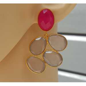 Gold plated earrings with fuchsia pink and grey Chalcedony