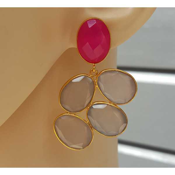 Gold plated earrings with fuchsia pink and grey Chalcedony
