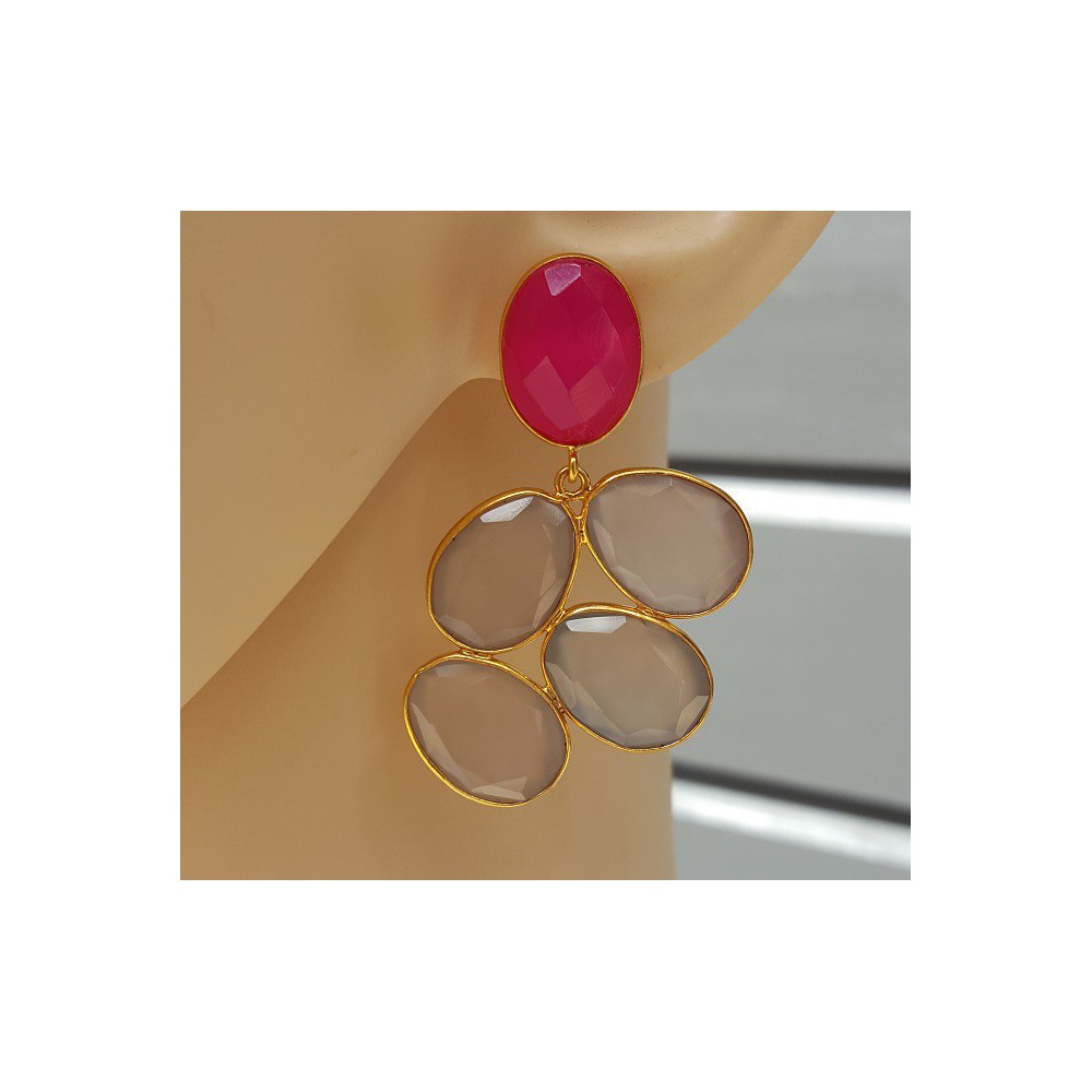 Gold plated earrings with fuchsia pink and grey Chalcedony