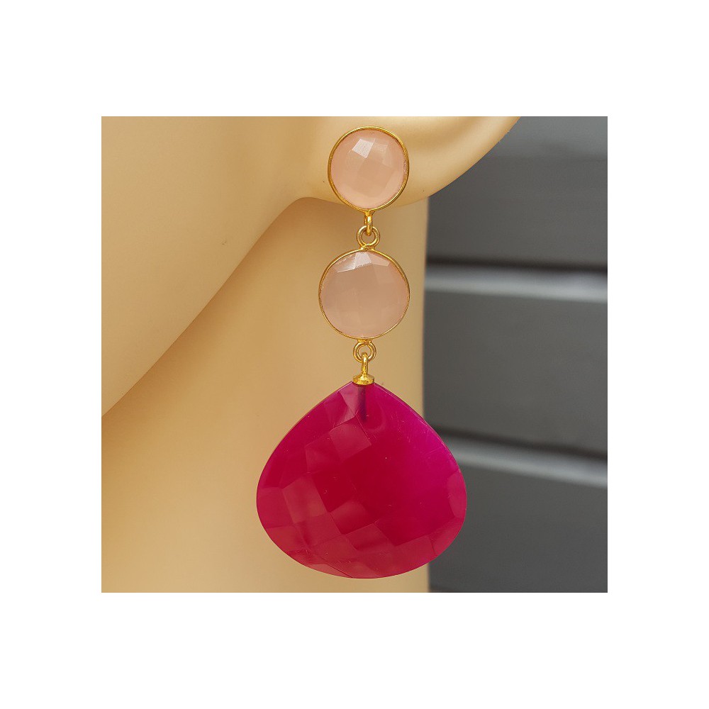 Vergoldete Ohrringe fuchsia Chalcedon und rosa Chalcedon