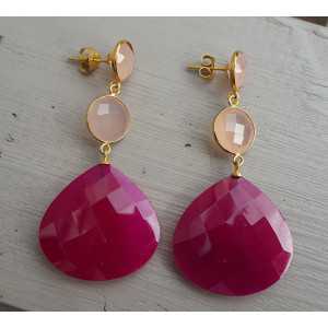 Gold plated earrings fuchsia Chalcedony and pink Chalcedony