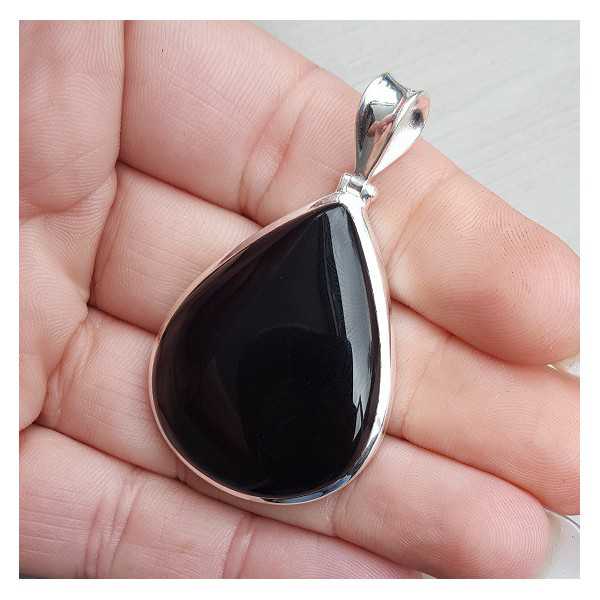 Silver pendant with drop-shaped cabochon black Onyx