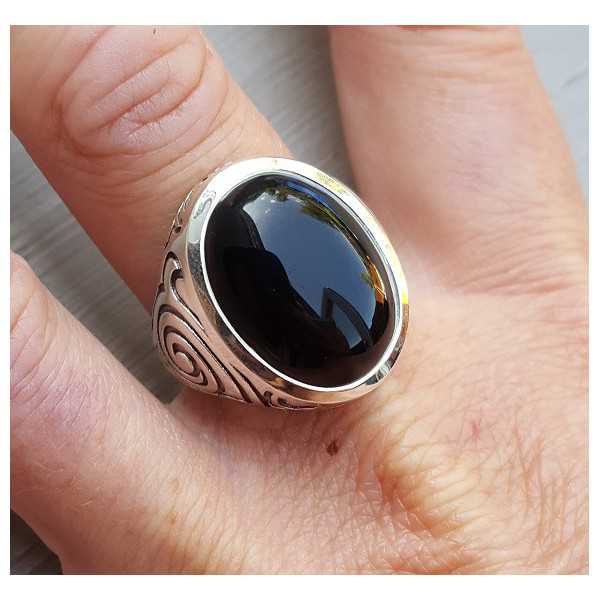 Zilveren ring gezet met Onyx (mannen ring) 20 of 20.5 mm