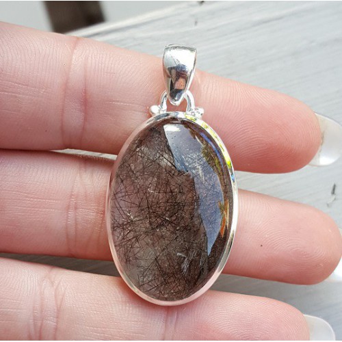 Zilveren hanger ovale cabochon geslepen Toermalijnkwarts