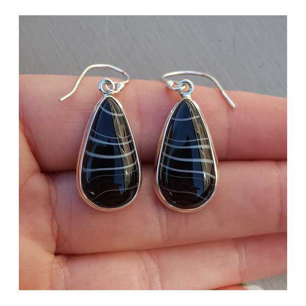 Silver earrings set with teardrop black Botswana Agate