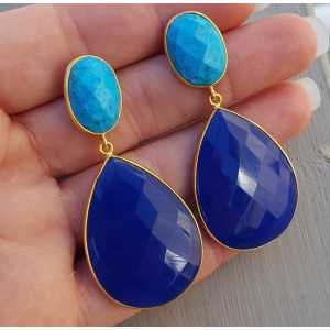 Gold plated earrings with Turquoise and blue Chalcedony