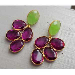 Gold plated earrings with green Chalcedony and pink Tourmaline quartz 
