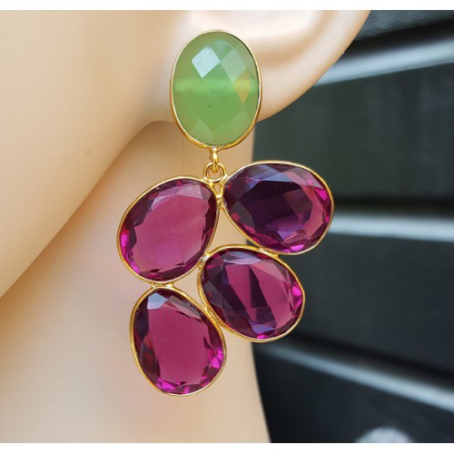 Vergulde oorbellen met groene Chalcedoon en roze Toermalijn quartz 