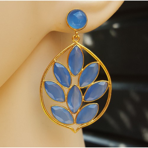 Vergulde oorbellen met ronde en marquise blauw Chalcedoon