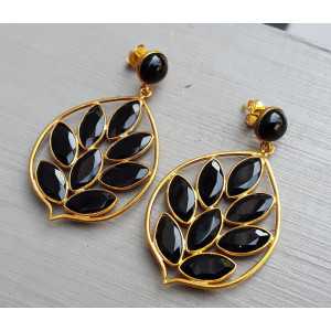 Gold plated earrings with round and marquise black Onyx