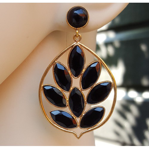 Vergulde oorbellen met ronde en marquise zwarte Onyx