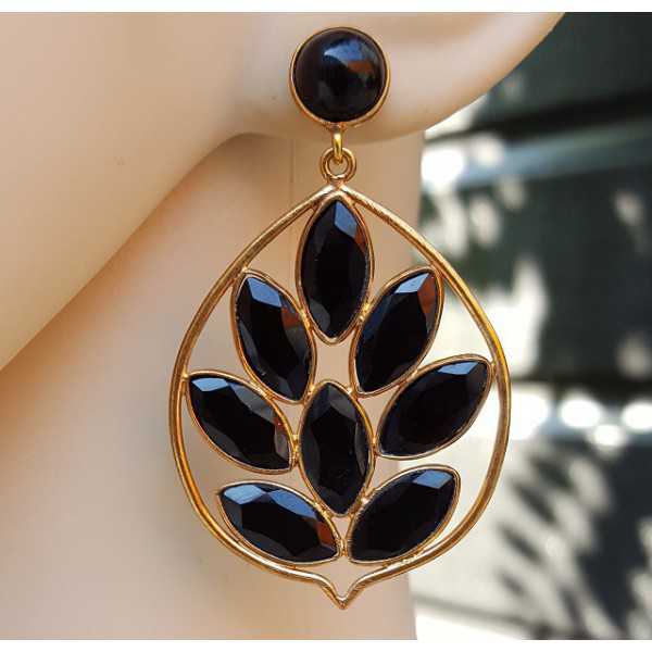 Gold plated earrings with round and marquise black Onyx