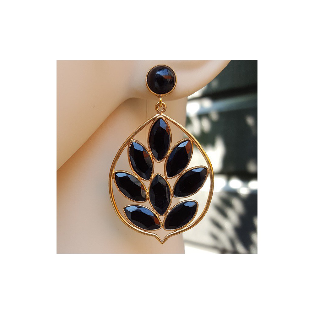 Gold plated earrings with round and marquise black Onyx