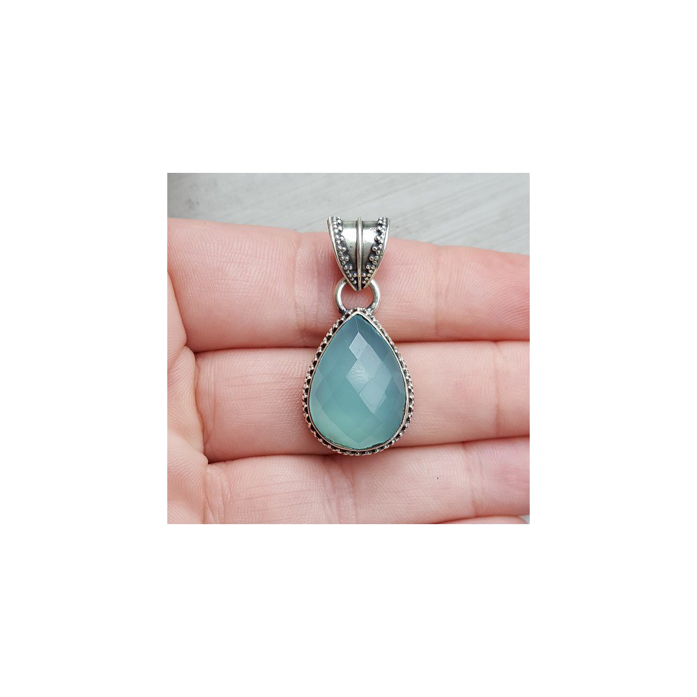 Silver pendant faceted aqua Chalcedony edited setting