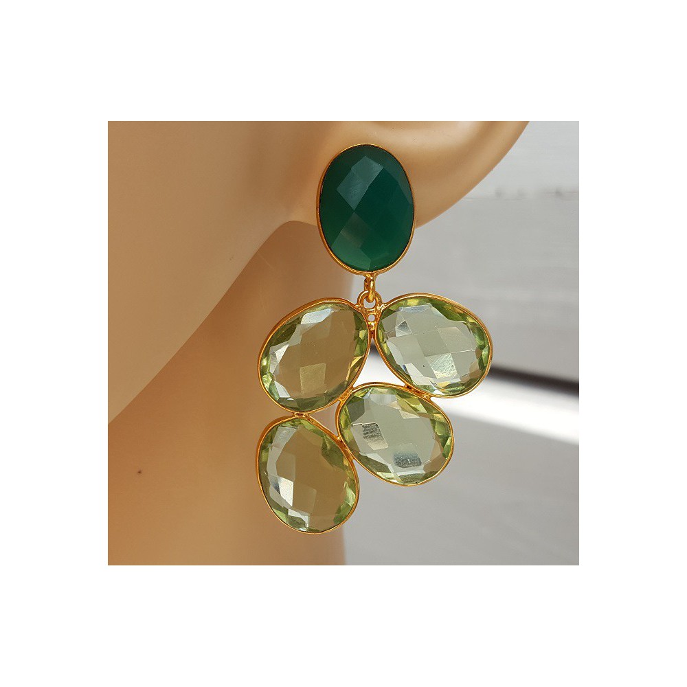 Gold plated earrings with green Amethyst and green Onyx