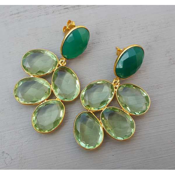Gold plated earrings with green Amethyst and green Onyx