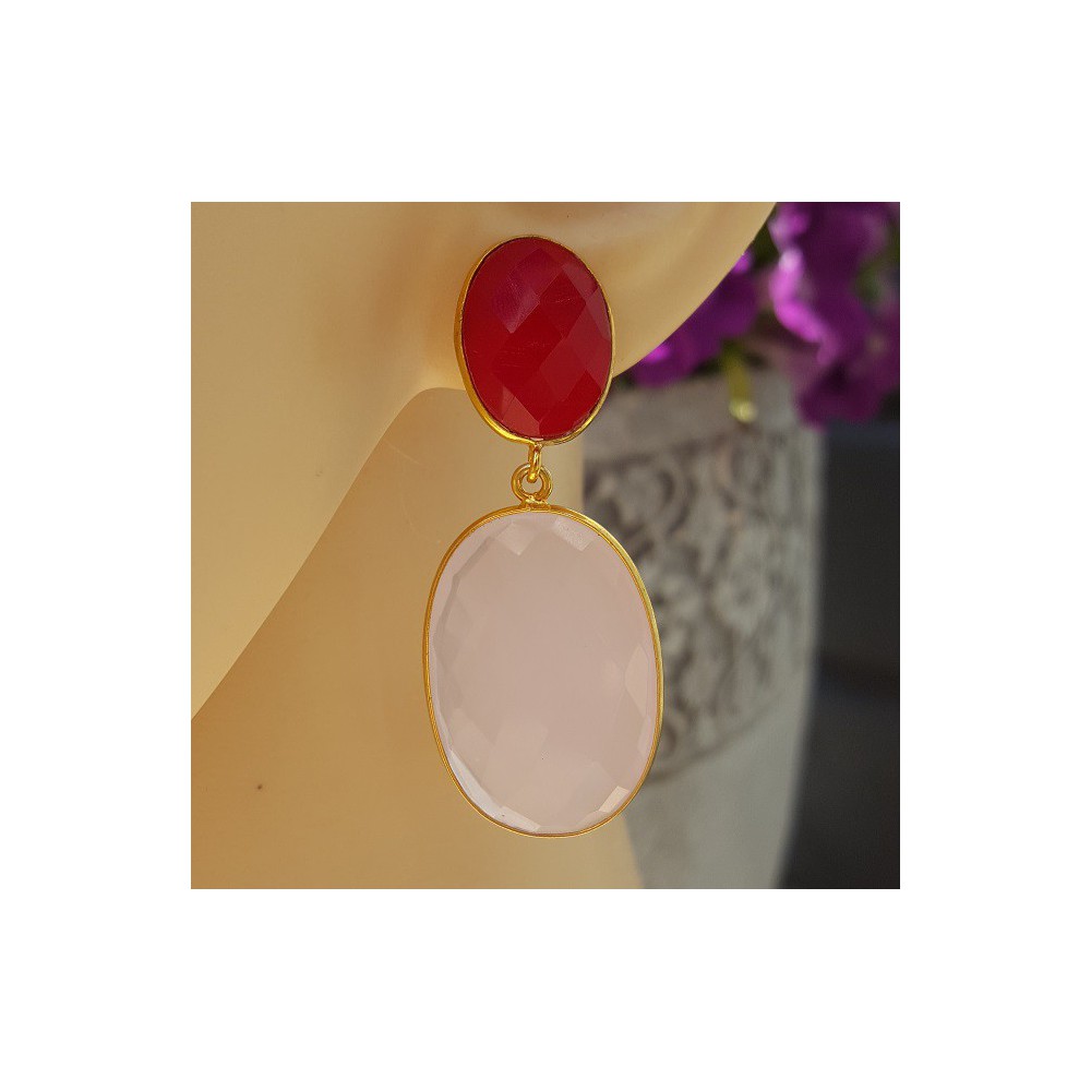 Goud vergulde oorbellen met fuchsia roze en roze Chalcedoon