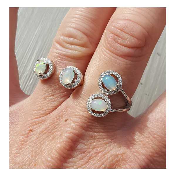 Silver double ring with Ethiopian Opal and Cz 19-18.5 mm
