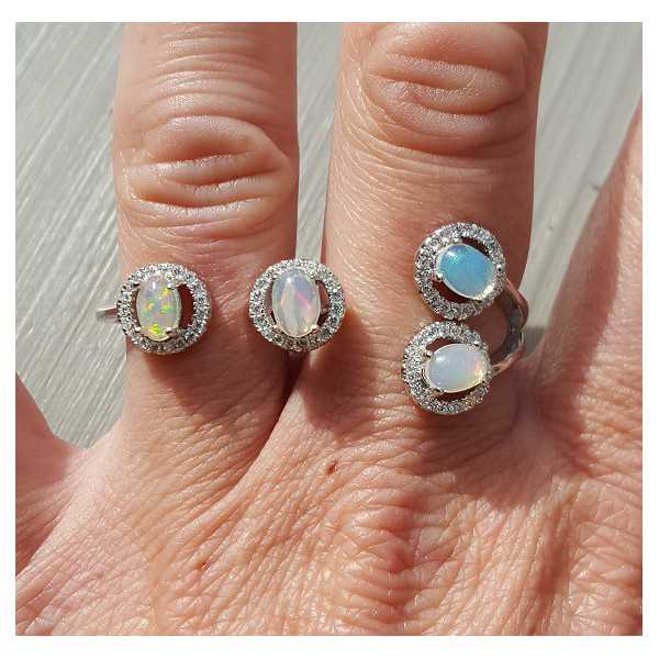Silver double ring with Ethiopian Opal and Cz 19-18.5 mm