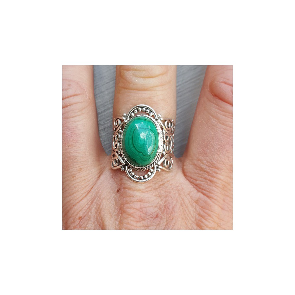 Silver ring set with Malachite and carved head 18 mm