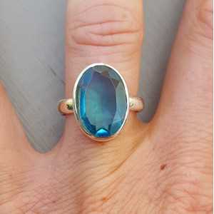 Silver ring set with oval blue Topaz 17 or 18.5 mm