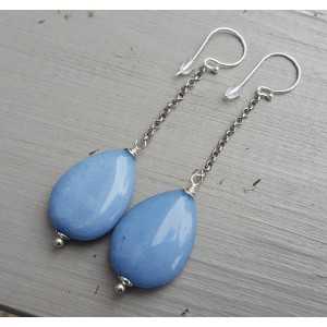 Long earrings with smooth light blue Jade briolet