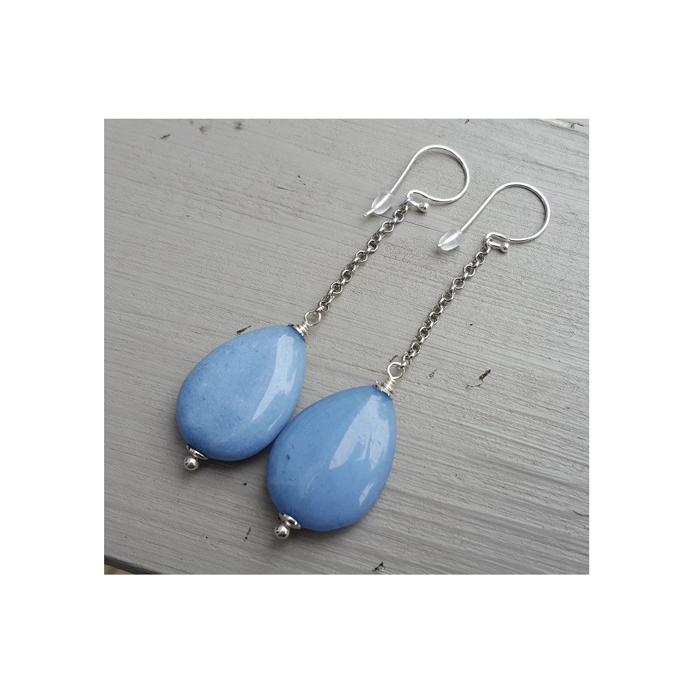 Long earrings with smooth light blue Jade briolet