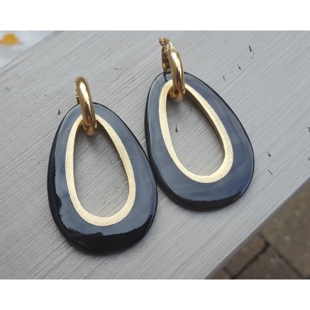 Creolen druppel hanger zwarte Buffelhoorn gouden binnenkant