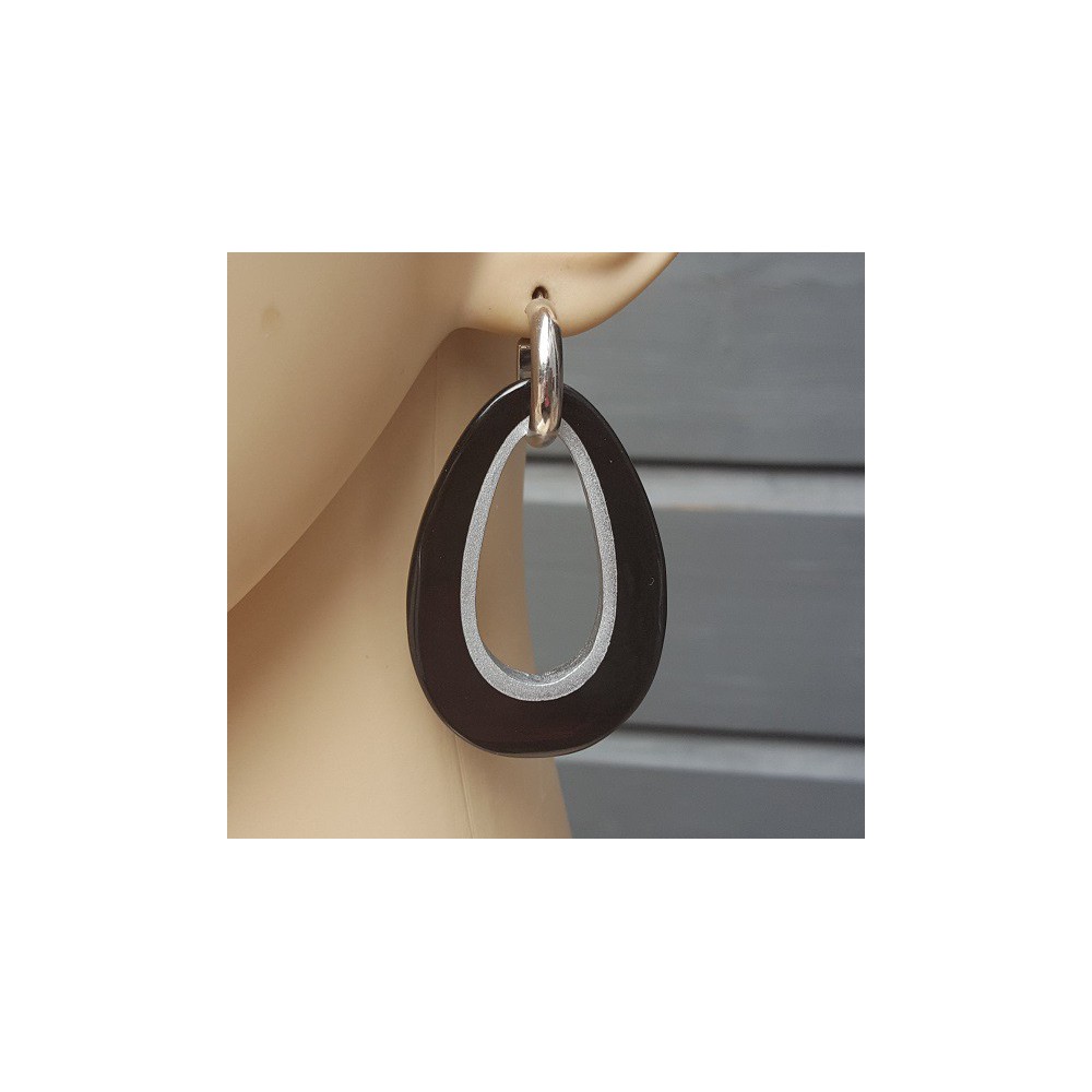 Creolen druppel hanger zwarte Buffelhoorn zilveren binnenkant