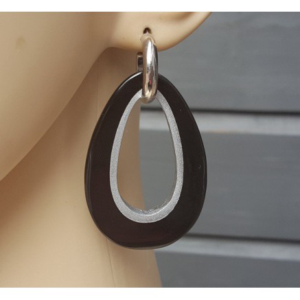 Creolen druppel hanger zwarte Buffelhoorn zilveren binnenkant