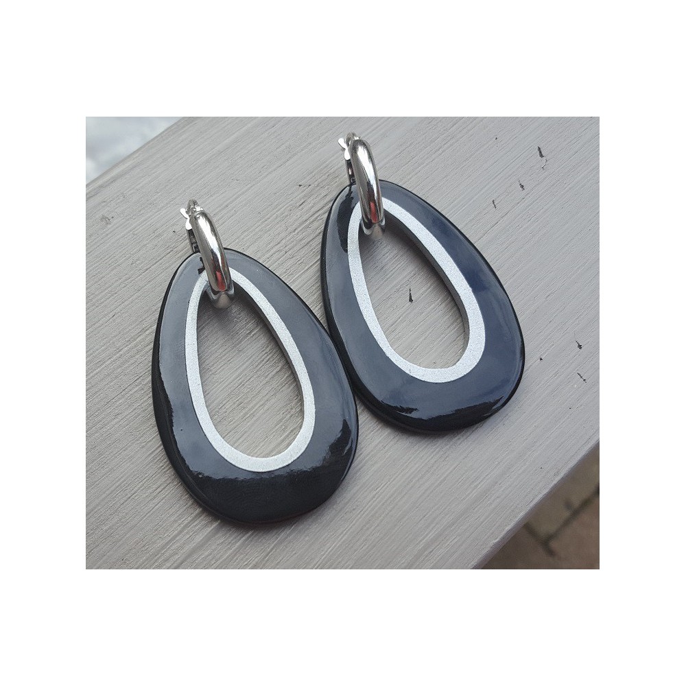 Creoles drop pendant black buffalo horn silver inside