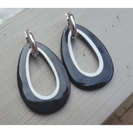 Creolen druppel hanger zwarte Buffelhoorn zilveren binnenkant