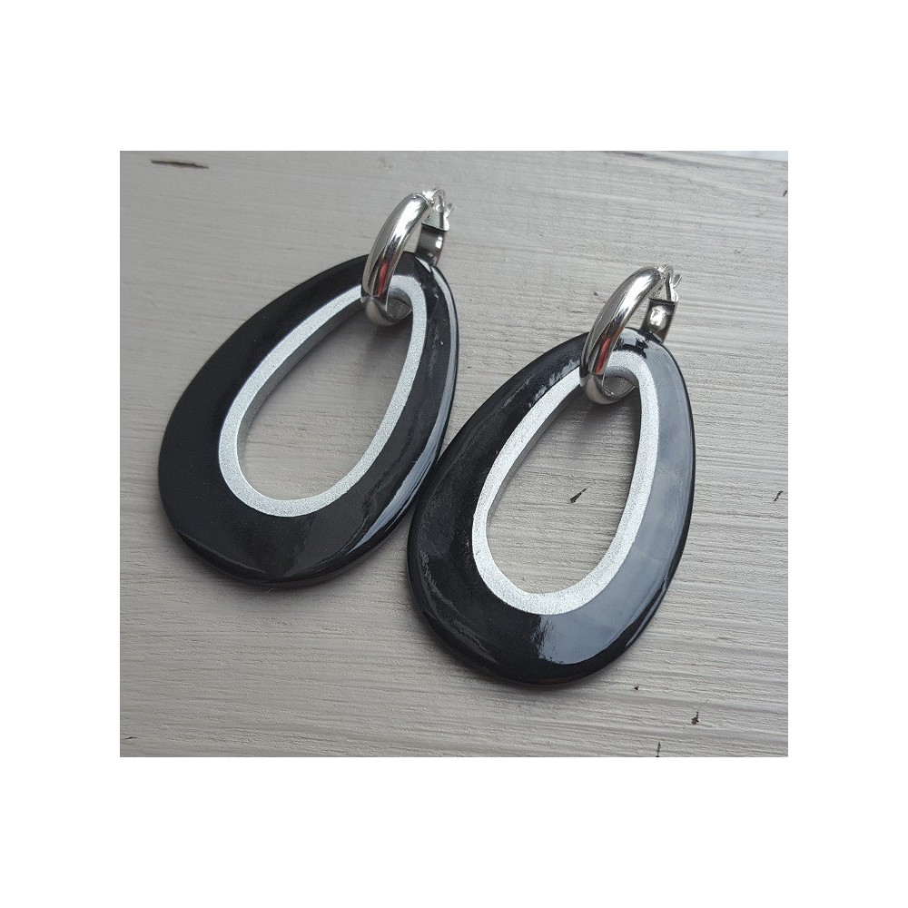 Creolen druppel hanger zwarte Buffelhoorn zilveren binnenkant