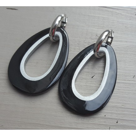 Creolen druppel hanger zwarte Buffelhoorn zilveren binnenkant