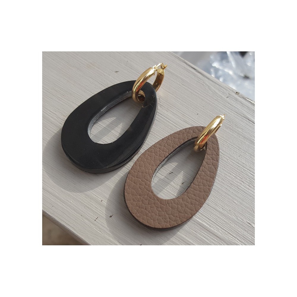 Creoles with buffalo horn pendant double wear black / brown leather