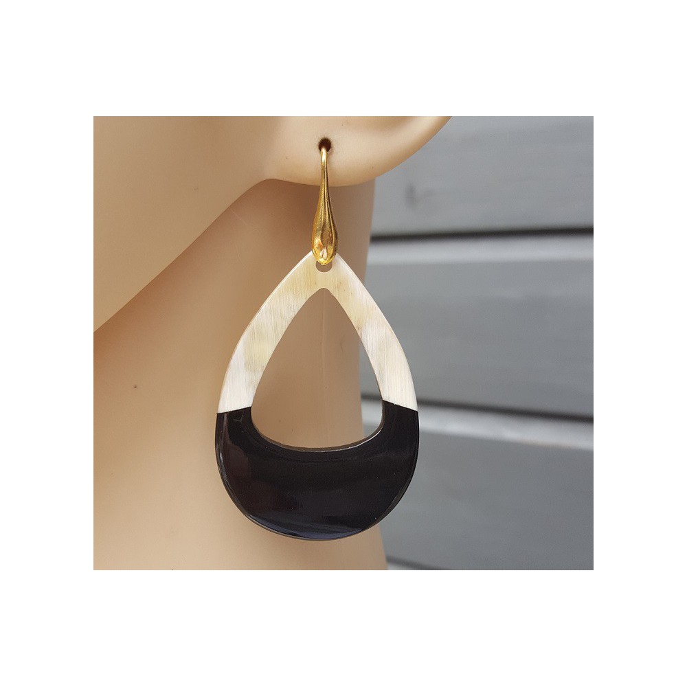 Earrings with open drop of buffalo horn half black half white