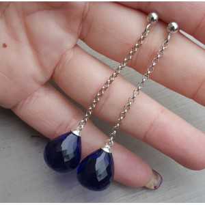 Long earrings with large Sapphire blue quartz briolet