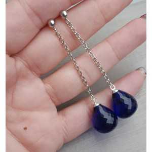 Long earrings with large Sapphire blue quartz briolet