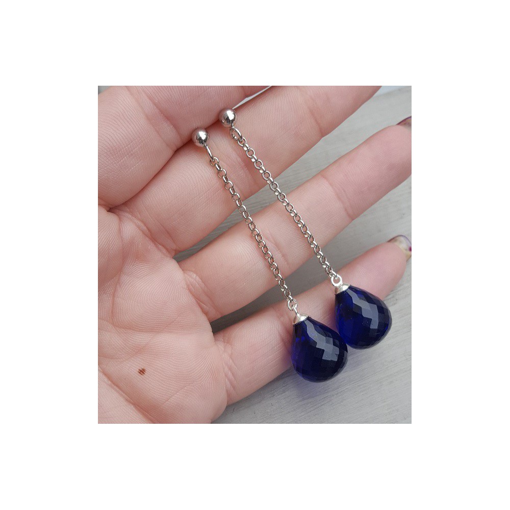 Long earrings with large Sapphire blue quartz briolet