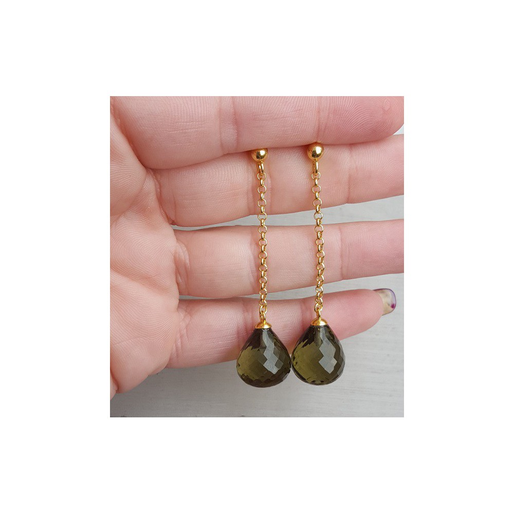 Long earrings with large green Amethyst quartz briolet