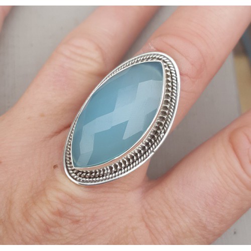 Zilveren ring gezet met marquise facet aqua Chalcedoon 17.3
