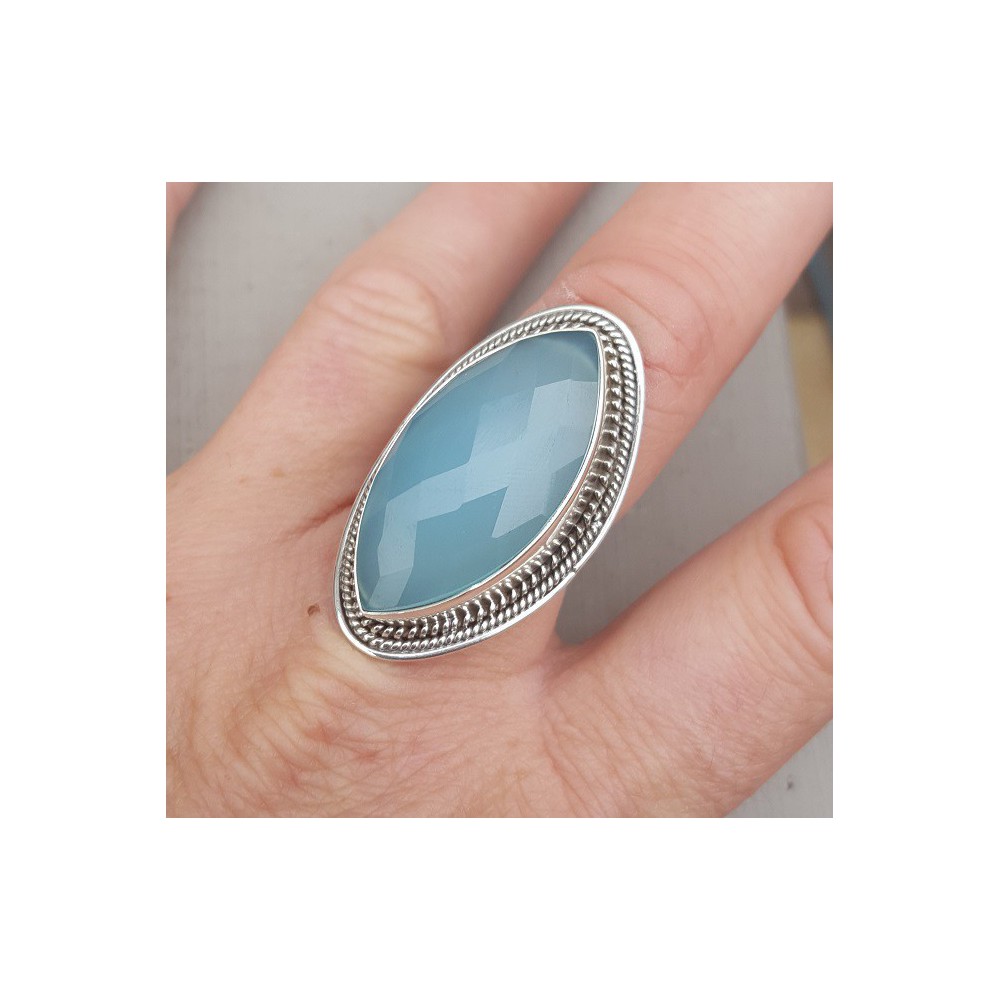 Silver ring set with marquise faceted aqua Chalcedony 17.3